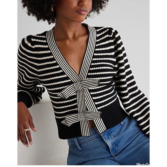 Express Striped Bow cardigan in black/white. Sold out online! - Picture 2 of 6